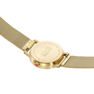 Classic, 36 mm, Waldgrüne goldene Edelstahluhr, A660.30314.60SBM, Ansicht des Gehäusebodens mit Mondaine Gravur