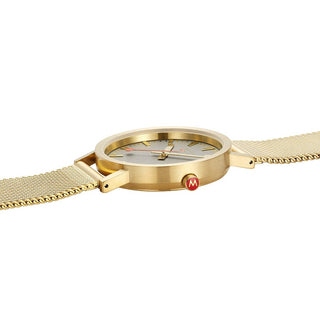 Classic, 36 mm, Good gray goldene Edelstahluhr, A660.30314.80SBM, Detailansicht der roten Krone und des Edelstahlarmbands