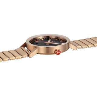 Classic, 40mm, Rose Gold Toned Uhr, A660.30360.16SBR, Detailansicht der roten Krone und des Edelstahlarmbands