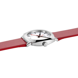 Cushion, 31 mm, Rotes veganes Traubenleder Uhr, MSL.31110.LCV, Ansicht des Gehäusebodens mit Mondaine Gravur